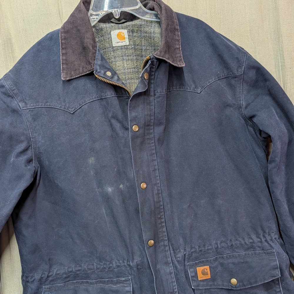 Carhartt Navy Blue Duck Canvas Flannel Lined Ranch Coat Jacket Mens 2XL C52 MDT